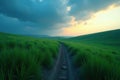 Serene sunset over rolling hills with a stone-lined path through lush green grass. Generative AI Royalty Free Stock Photo