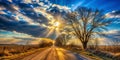 Serene sunset over rural road with sun rays illuminating leafless trees and golden fields. Generative AI Royalty Free Stock Photo