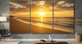 Golden Beach Sunset Triptych in Modern Living Room Royalty Free Stock Photo