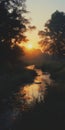 Serene Sunset Over Stream: A Photorealistic Capture Of Rural America