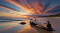 Driftwood Reflection at Sunset Beach Under Fiery Sky and Calm Sea Royalty Free Stock Photo