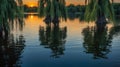Willow Trees in Serene Lake at Dusk with Reflections on the Water Surface Royalty Free Stock Photo