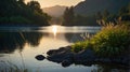 Serene Sunset over Calm Lake with Mountain View Royalty Free Stock Photo