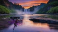 Majestic Waterfall Sunset Landscape with Purple Dragonfly Royalty Free Stock Photo