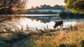 Serene Sunset Pasture with Grazing Cows and Calm Lake