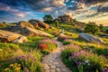 Serene sunset pathway winding through a blooming meadow amidst ancient boulder formations. Generative AI Royalty Free Stock Photo