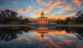 Serene sunset reflection of a classical building with a dome. Generative AI Royalty Free Stock Photo