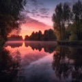 Serene Sunset Reflections on Calm Lake