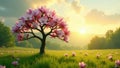 A serene sunset scene featuring a single blooming magnolia tree in a lush green meadow. Generative AI Royalty Free Stock Photo