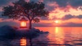 Serene sunset scene with a glowing lantern under a tree on a tranquil island Royalty Free Stock Photo