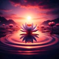 A serene sunset Scene with lotus flowers and ripples in the water.