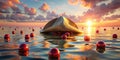 Serene sunset seascape with a large shell-like object and scattered red spheres floating on calm waters. Generative AI Royalty Free Stock Photo