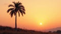 Serene sunset silhouette of a palm tree on a grassy hill. Generative AI Royalty Free Stock Photo