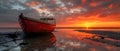 Serene Sunset: Solitude Boat at Low Tide. Concept Sunset Reflections, Low Tide Beauty, Solitude Moments, Boat Silhouette, Calm Royalty Free Stock Photo