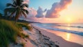 Serene sunset on a tropical beach with palm tree and gentle waves. Generative AI Royalty Free Stock Photo