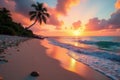 Serene sunset on a tropical beach with palm tree silhouette and gentle waves. Generative AI Royalty Free Stock Photo