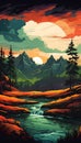 Serene Sunset Vector Landscape Unveiling the Majestic Beauty Snow Rain, Mountains, and Wild Forest Royalty Free Stock Photo