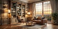 Serene sunset view from a luxurious library lounge featuring leather seating and warm lighting. Generative AI Royalty Free Stock Photo