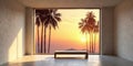 Serene sunset view from minimalist interior with low bench. Generative AI Royalty Free Stock Photo