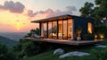 Serene sunset view from modern elevated container home with expansive glass walls and deck. Generative AI Royalty Free Stock Photo