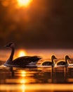 Serene sunset view with mother goose and goslings swimming in golden waters Royalty Free Stock Photo