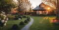 Serene sunset view of pristine lawn and shrubs on private property