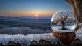 Enchanted Winter Tree in Glass Ball at Sunset Royalty Free Stock Photo