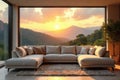 Serene sunset vista luxurious sectional sofa in modern home with panoramic mountain view. Generative AI Royalty Free Stock Photo