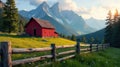 Serene sunset vista rustic red barn on verdant meadow with majestic mountain range in background. Generative AI Royalty Free Stock Photo