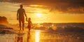 Serene Sunset Walk Along the Shoreline with Father and Child