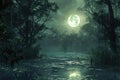 A serene swamp with a full moon in the background, creating a peaceful and enchanting night landscape, A mystical swamp bathed in
