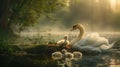 Serene swan family nesting cygnets first steps photorealistic wide angle photo