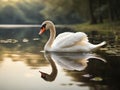 a serene swan glides across a mirror-like lake