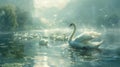 Serene swans on misty lake - generative ai Royalty Free Stock Photo
