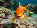 Serene Swim: A Goldfish Enjoys the Beauty of a Coral Reef under Sea, Generative AI Royalty Free Stock Photo