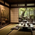 Serene tea ceremony room with tatami mats. Generative AI Royalty Free Stock Photo