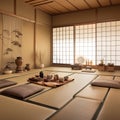 Serene tea ceremony room with tatami mats. Generative AI Royalty Free Stock Photo