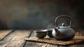 A serene tea ceremony, with a traditional Chinese teapot and cups on a wooden table Royalty Free Stock Photo