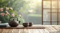 A serene tea ceremony, with a traditional Chinese teapot and cups on a wooden table Royalty Free Stock Photo