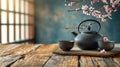 A serene tea ceremony, with a traditional Chinese teapot and cups on a wooden table Royalty Free Stock Photo