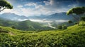 Serene Tea Gardens. Lush greenery of expansive tea gardens amidst mountains, suitable for environmental and scenic Royalty Free Stock Photo