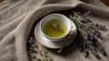 Aromatic herbal tea with star anise and fresh lavender sprigs on neutral linen Royalty Free Stock Photo