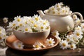 Serene tea time with chamomile tea and a book in sunlit room for cozy relaxation Royalty Free Stock Photo