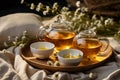 Serene tea time with chamomile and book in sunlit room for relaxation and unwinding Royalty Free Stock Photo