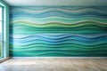 Serene teal and green wave wall design in an empty room with natural light. Generative AI Royalty Free Stock Photo