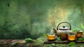 Serene Teapot and Cups on Bamboo Amidst Green Elegance