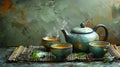 Serene Teapot and Cups on Bamboo Amidst Green Elegance