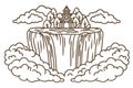Serene temple amidst waterfall and clouds peaceful scenery drawing with nature elements, AI Generative Royalty Free Stock Photo