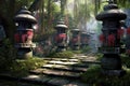 serene temple garden with prayer wheels