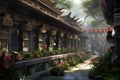 serene temple garden with prayer wheels